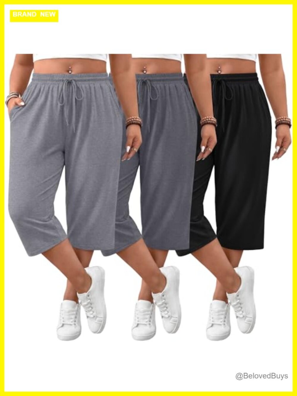 Plus Size Capris with Pockets 3 Pack Sweatpants Drawstring
